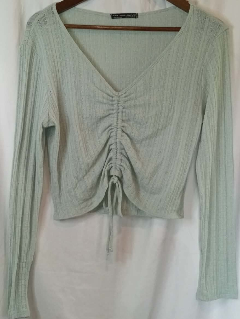 Rock Rose Couture Ruched V-Neck Crop Top Mint Sage Green 70s 80s Large Casual